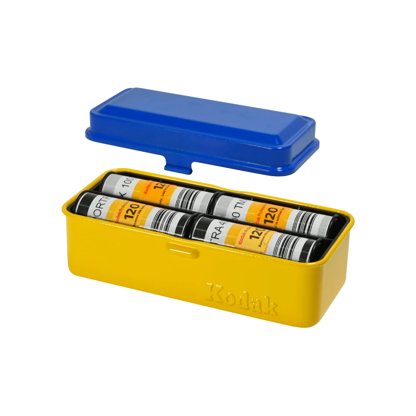 Kodak steel 135/120 film case, Blue lid, Yellow body