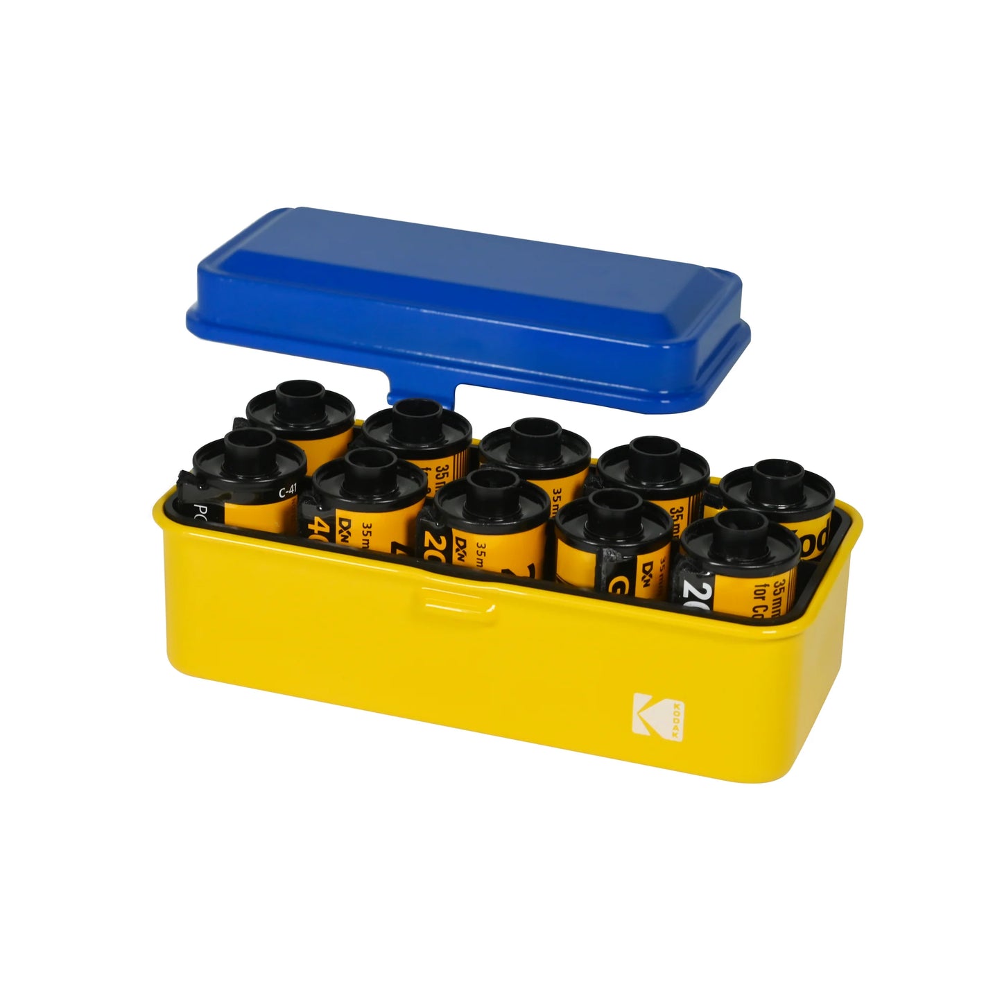 Kodak steel 135/120 film case, Blue lid, Yellow body